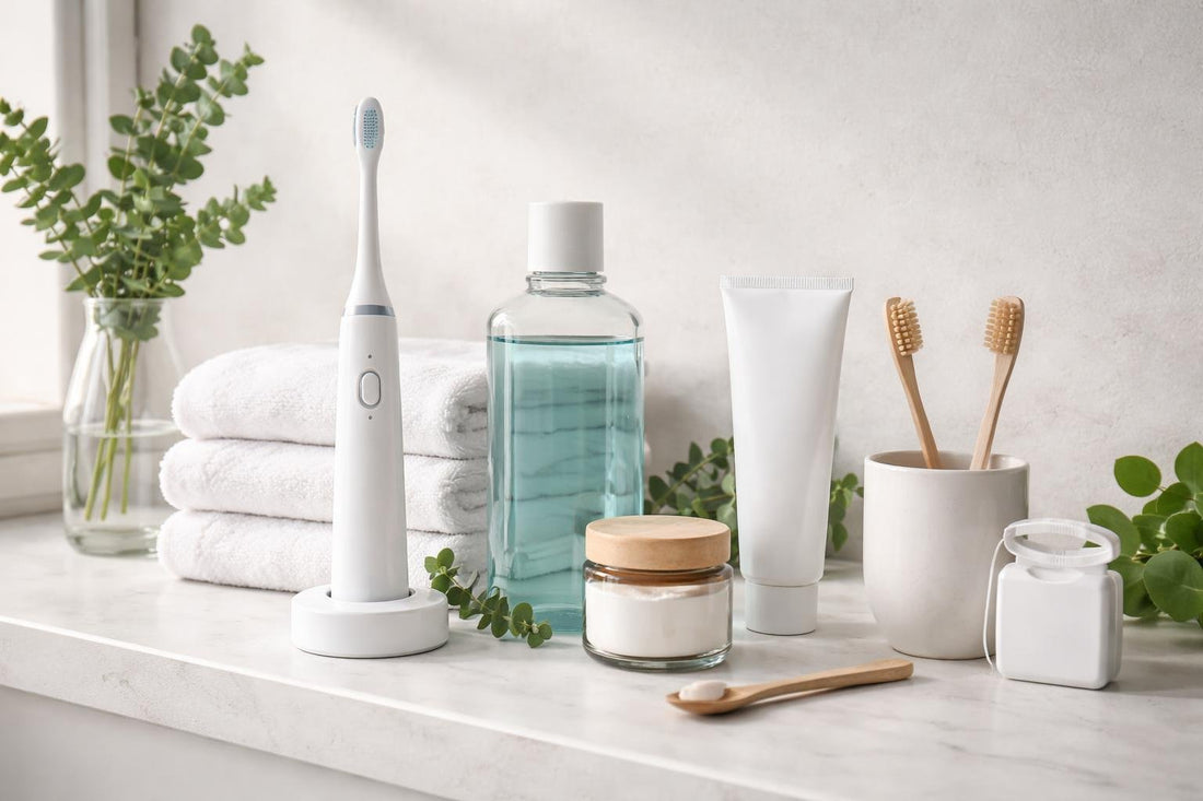 Oral care routine products arranged neatly on bathroom shelf
