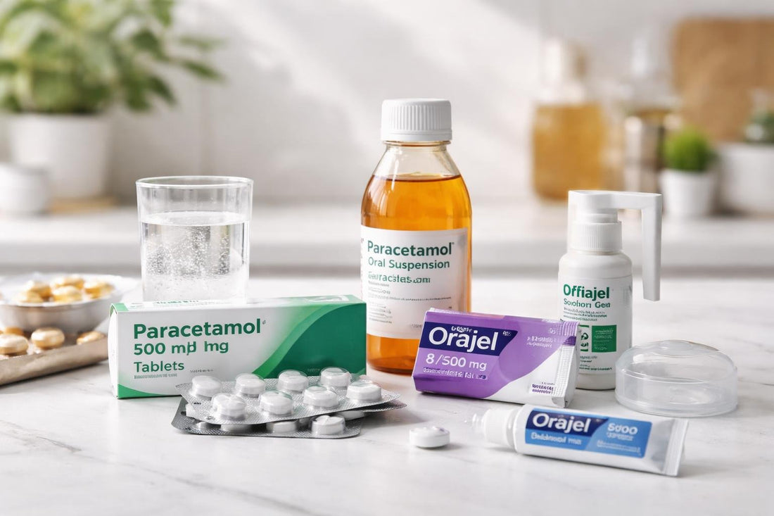 selection of oral pain relief medications and mouth guard