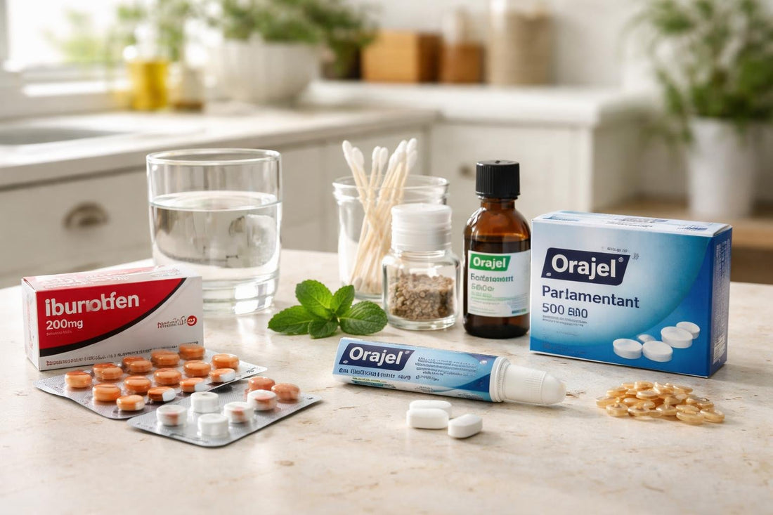 assorted oral pain relief medications and remedies on table