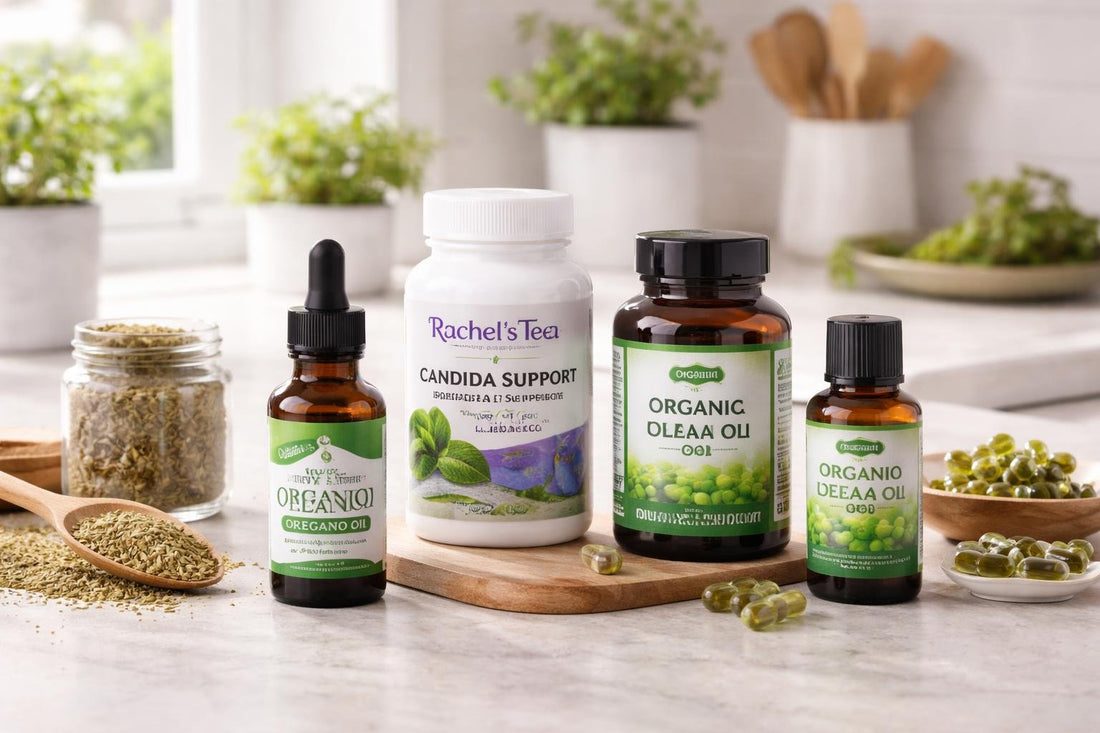 Assorted oregano supplement bottles and organic oils