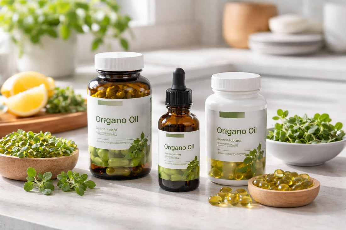 bottles of oregano oil capsules and drops on table