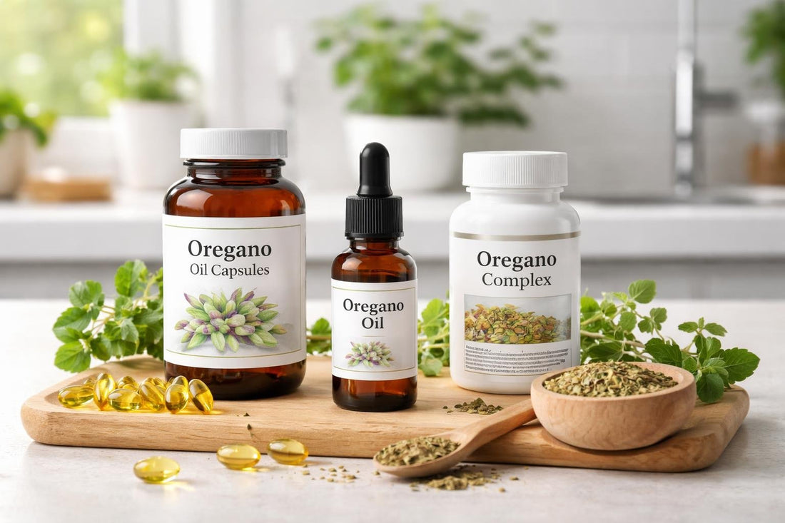 Oregano supplements collection bottles and capsules