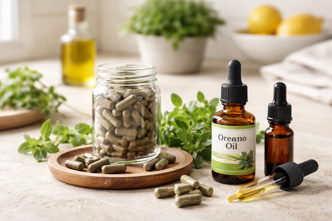Oregano capsules, oil and drops arranged for