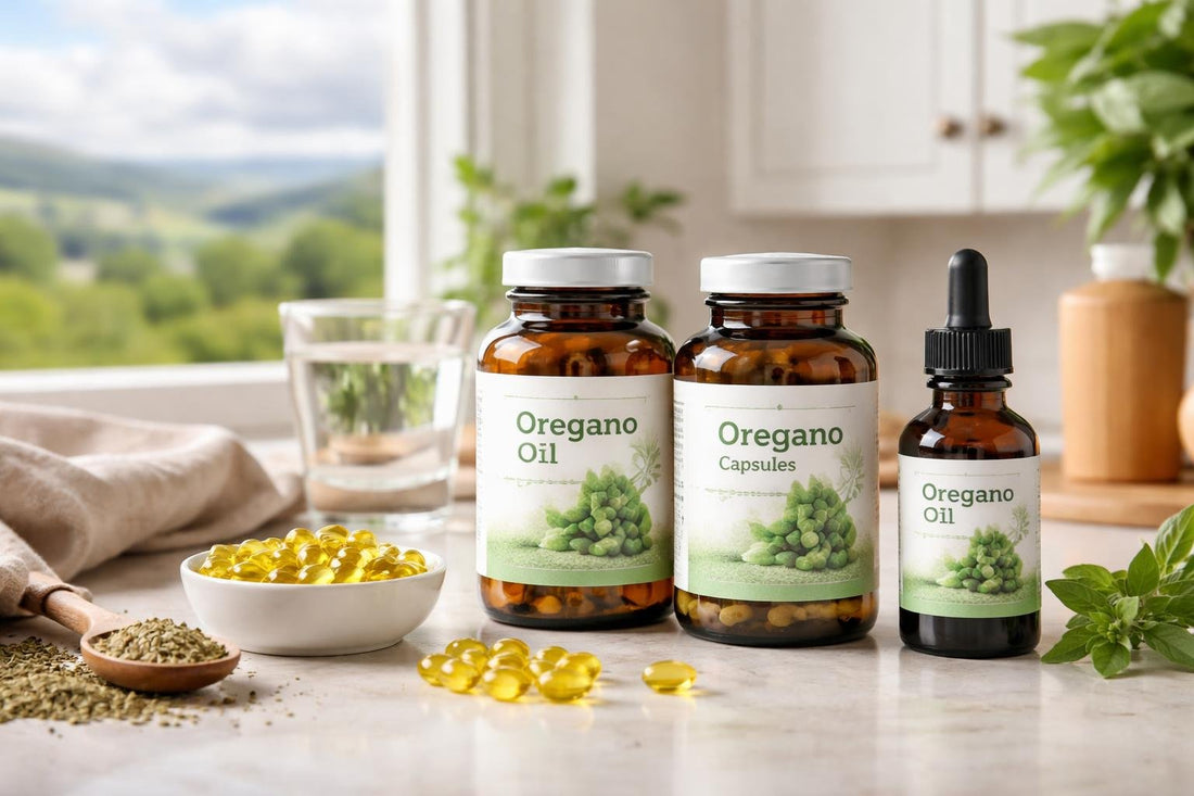Oregano herbal supplement bottles for daily support in Scotland