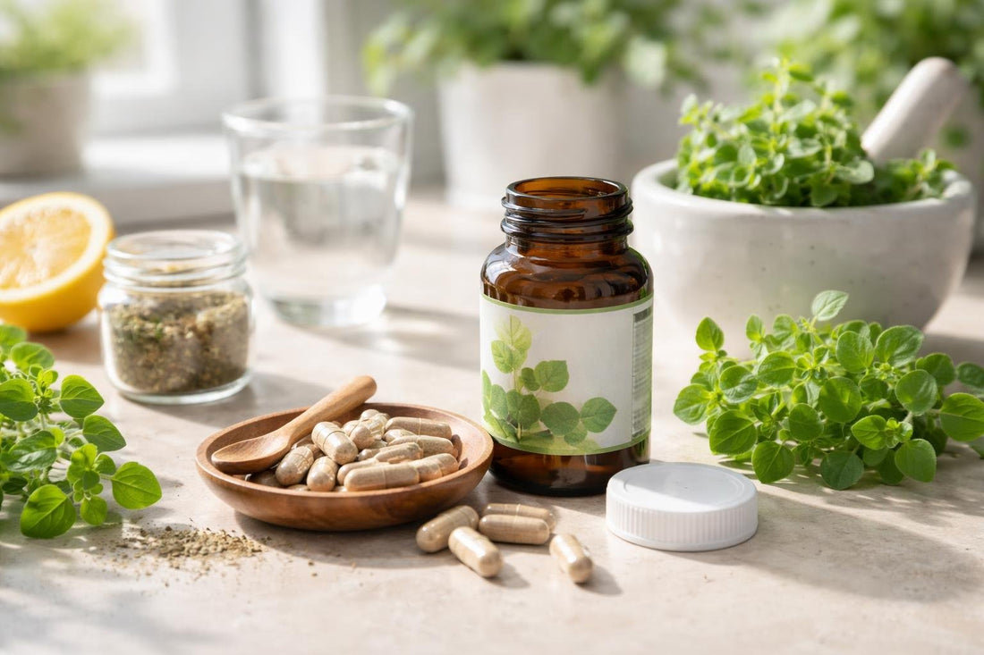 Oregano herbal supplement capsules and leaves for seasonal wellbeing