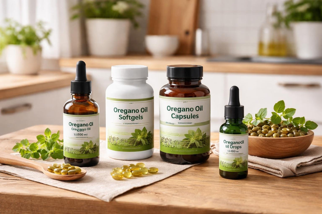 bottles of oregano oil supplements on wooden table