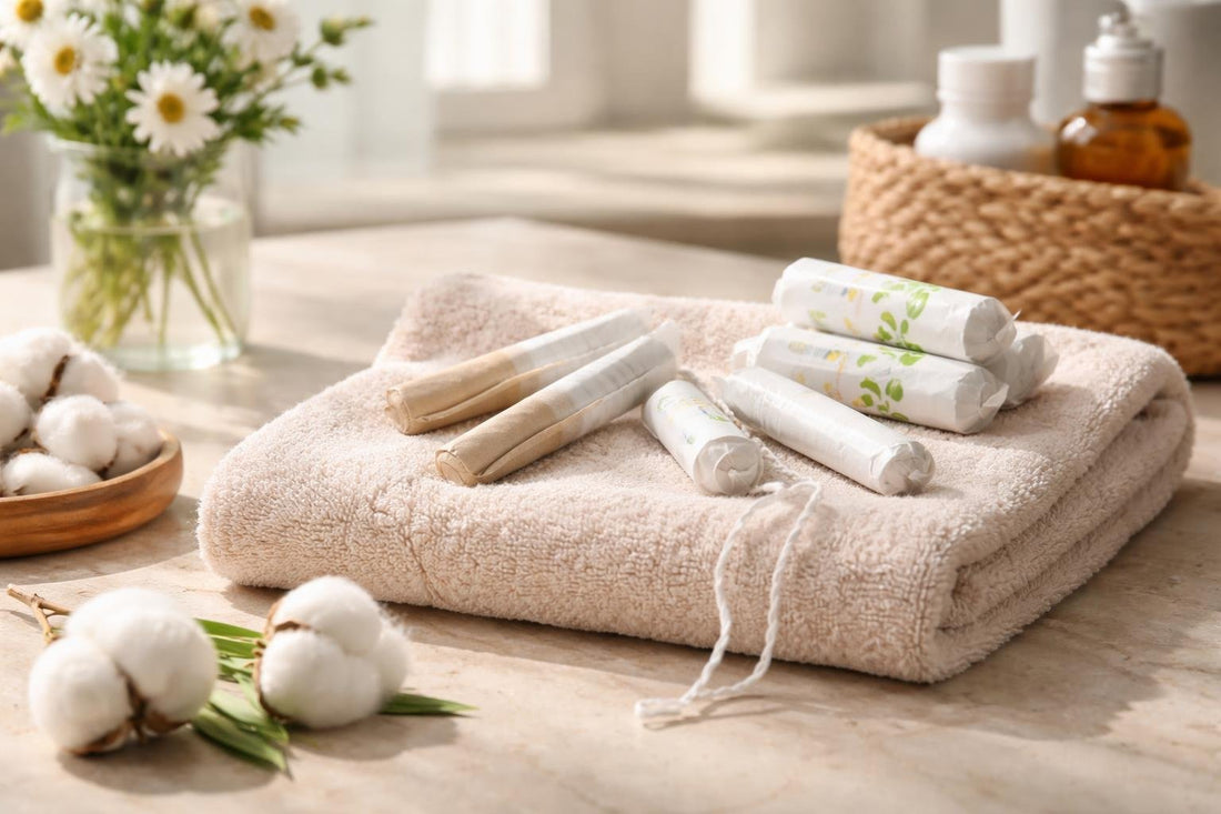Organic cotton tampons and applicators laid out on towel
