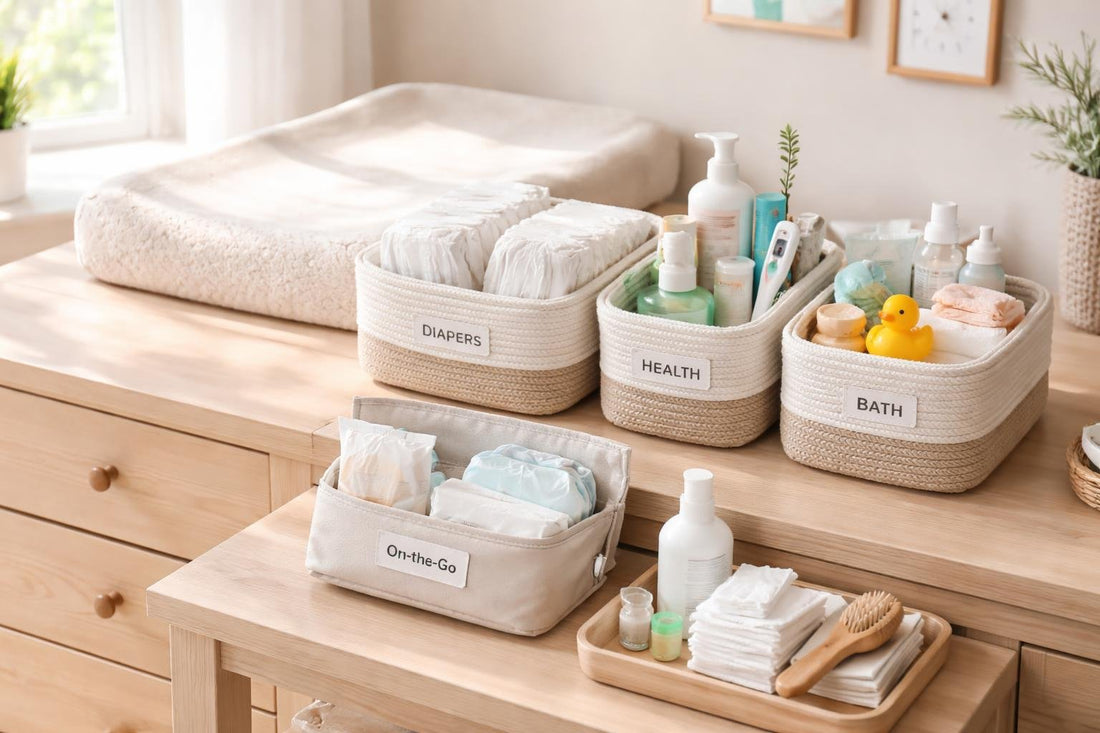 Organised baby and child care essentials in labelled baskets