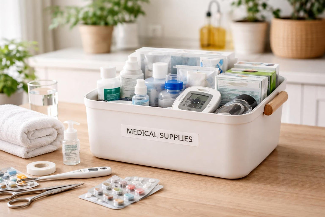 Neatly organised home medical supplies in a labelled storage box