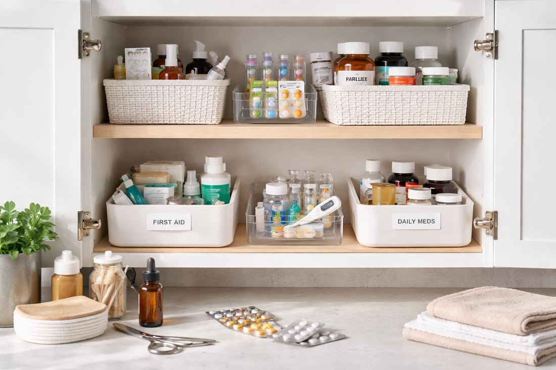 Neatly organised over the counter medication essentials cupboard at home