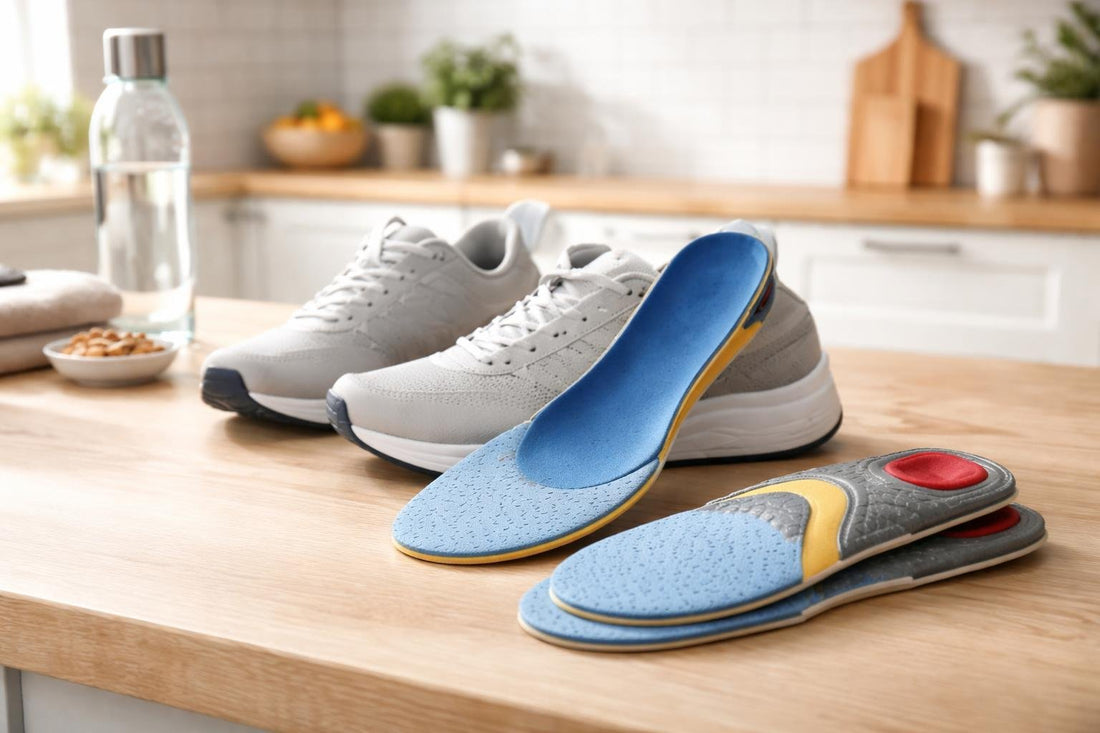 Orthotic insoles supporting arches inside everyday trainers