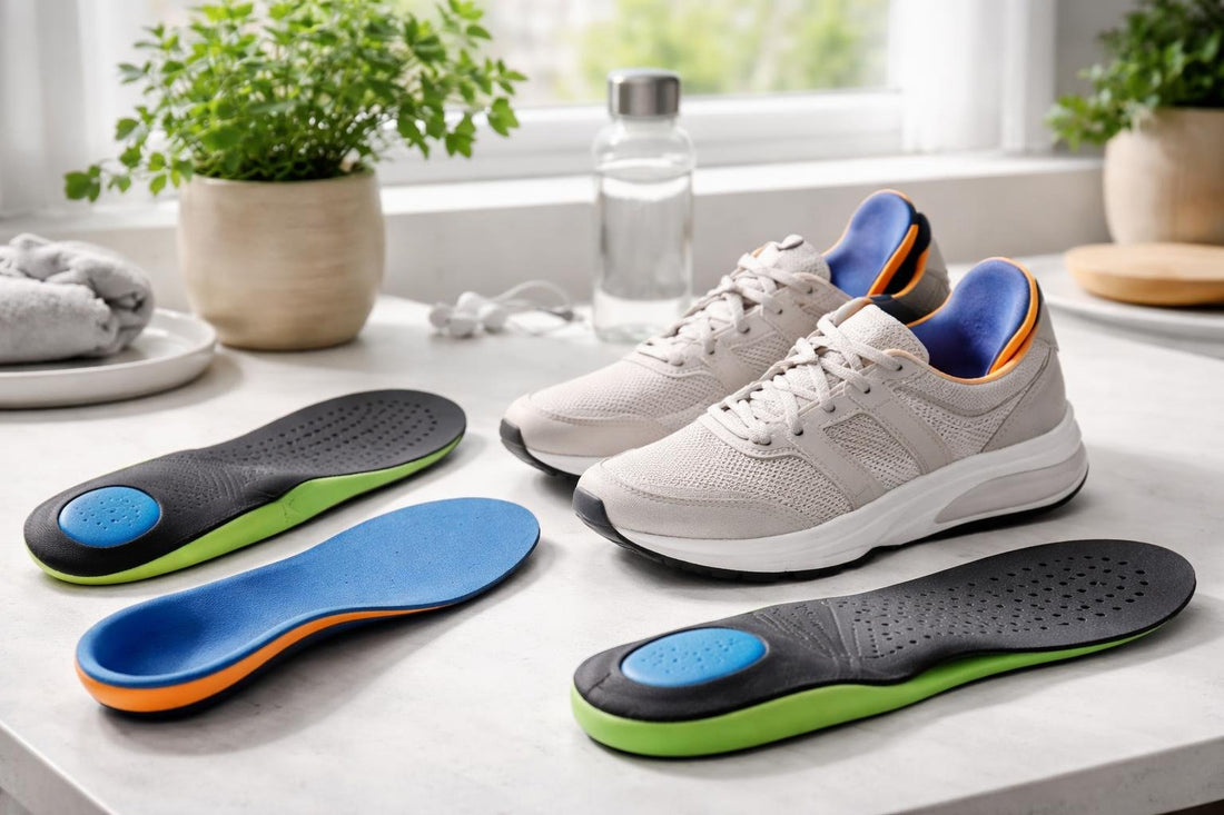 Orthotic shoe insoles supporting arches inside trainers