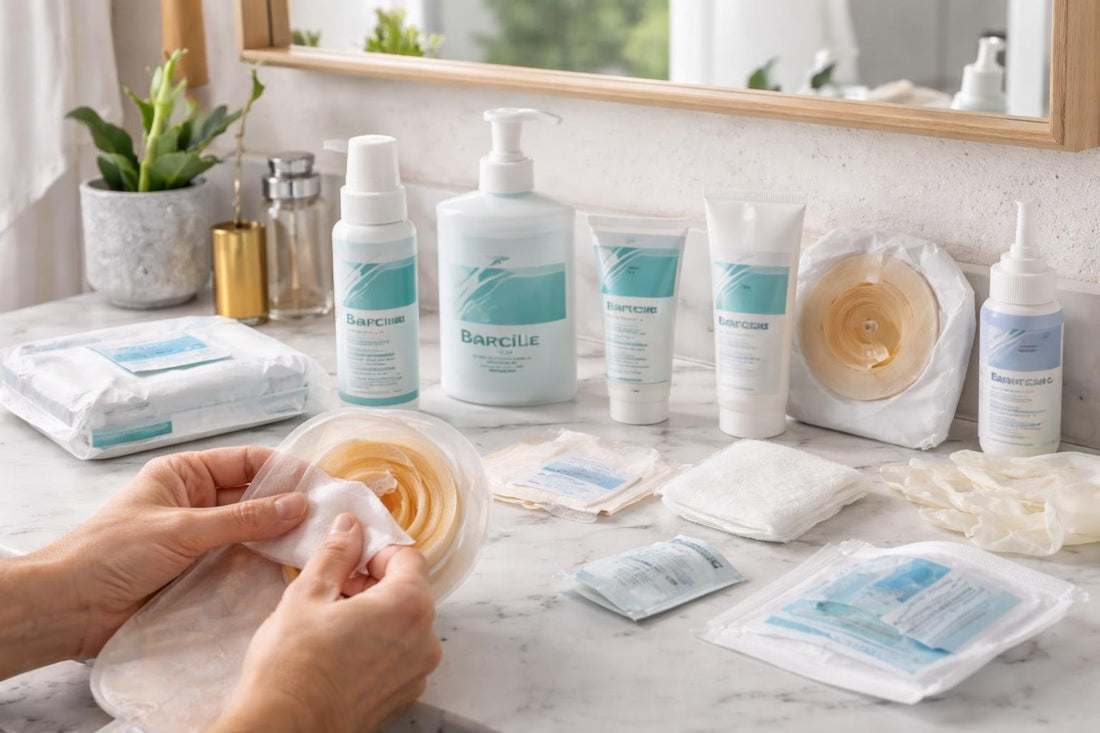 Hands preparing ostomy and incontinence care hygiene kit
