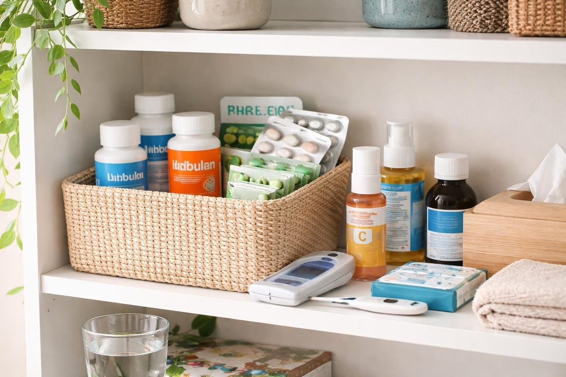 Student flat over-the-counter medication kit on shelf