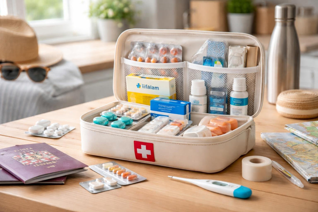 Travel first aid kit with OTC medication essentials