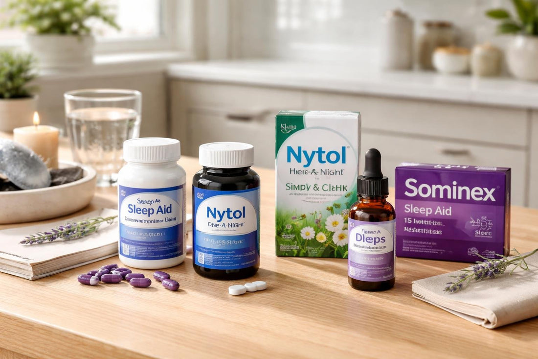 Assorted OTC sleep aids and packaging on wooden surface