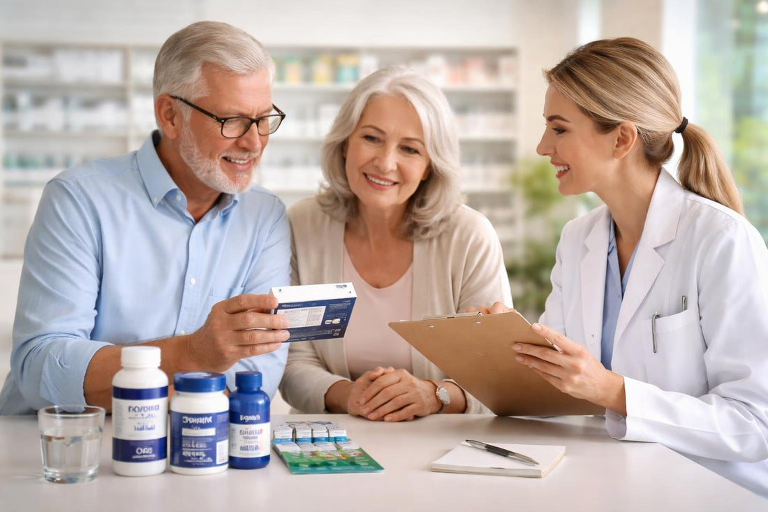 Older adult choosing OTC sleep aid with pharmacist
