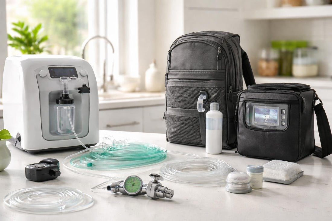 selection of oxygen accessories and travel bags for home use
