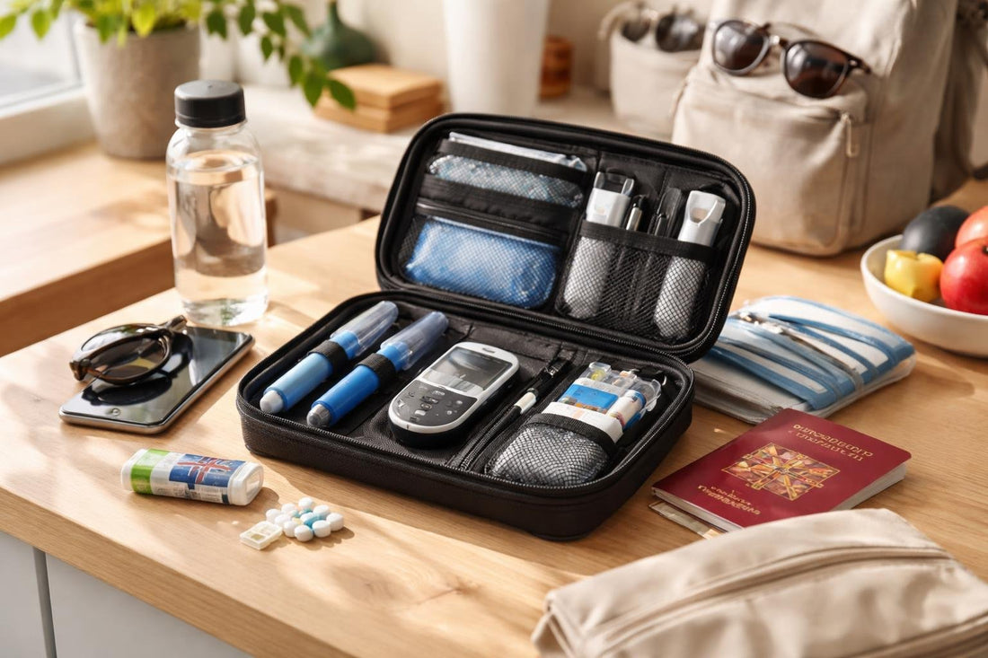 Packed diabetic care organiser kit for flights and day trips