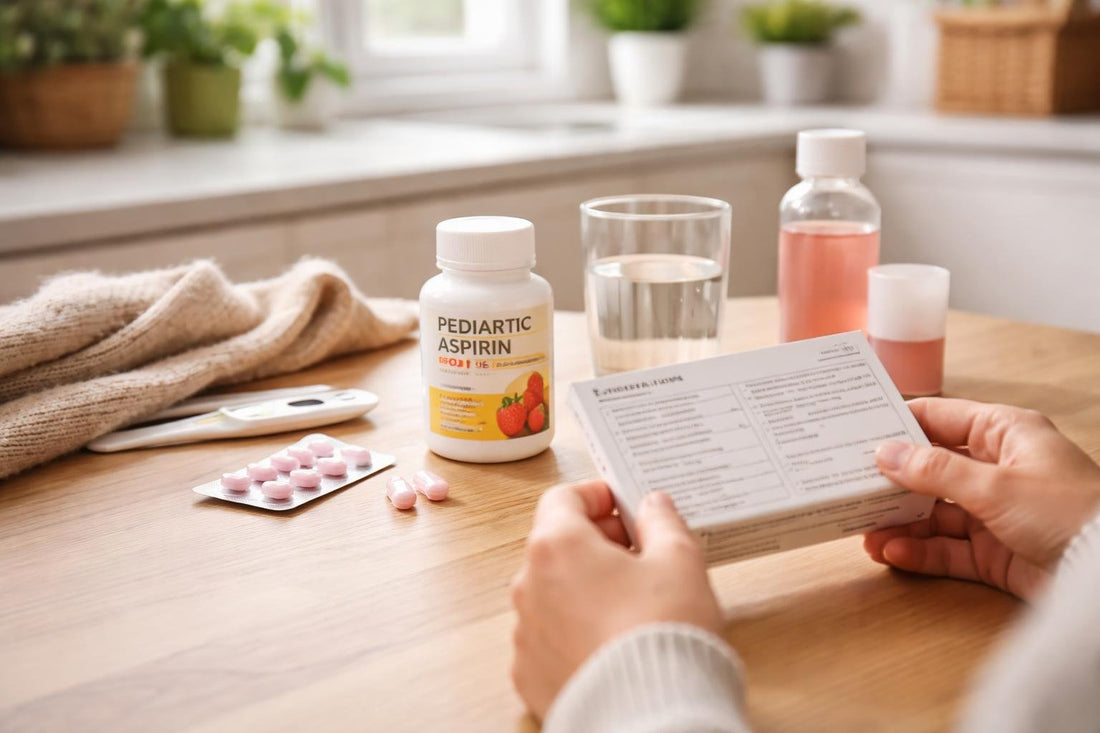 Parent checking paediatric aspirin dosage instructions for child