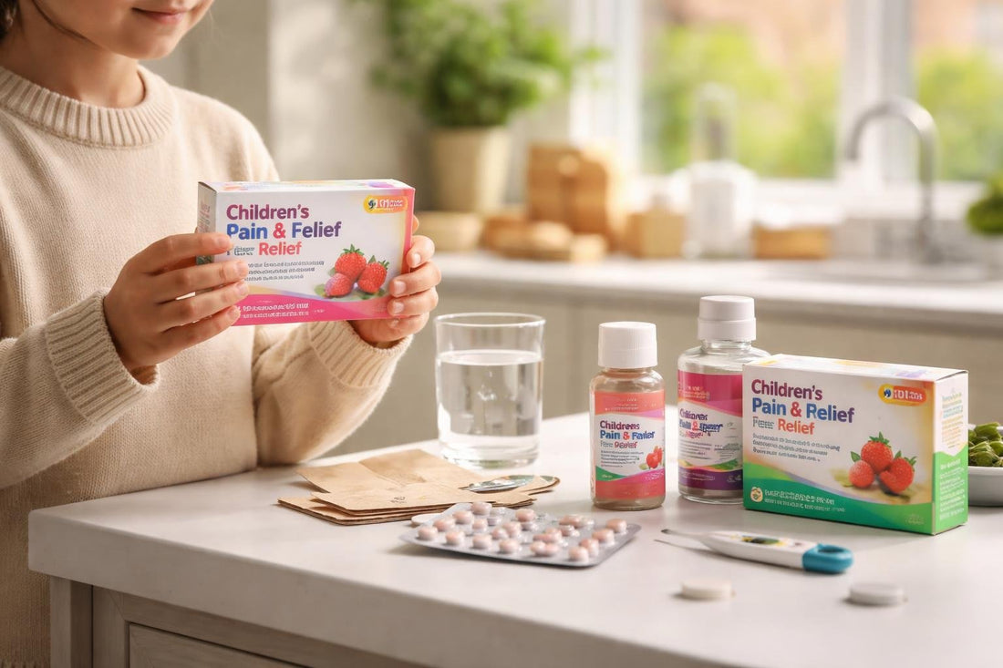 Child holding paediatric pain relief tablets box
