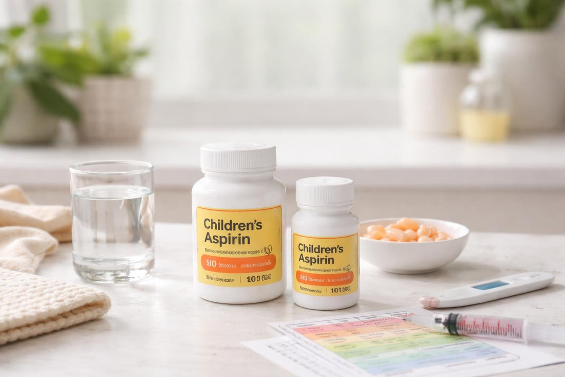 Paediatric aspirin bottles and dosing chart on table