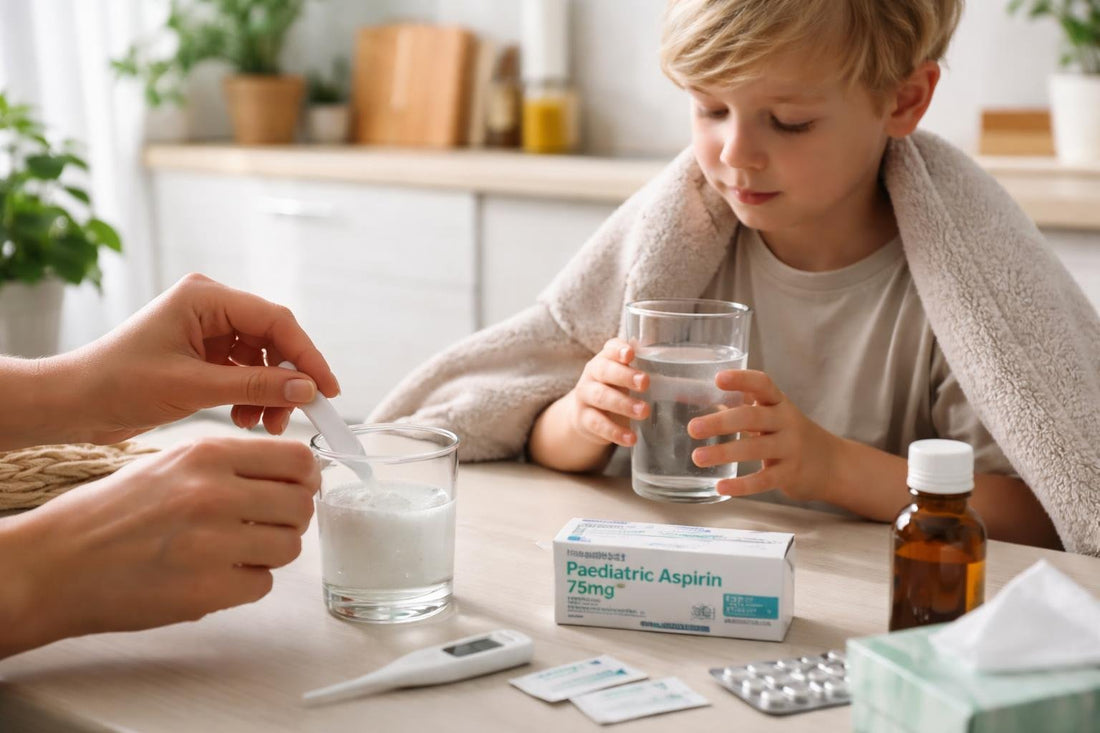 Parent administering paediatric aspirin powder to child