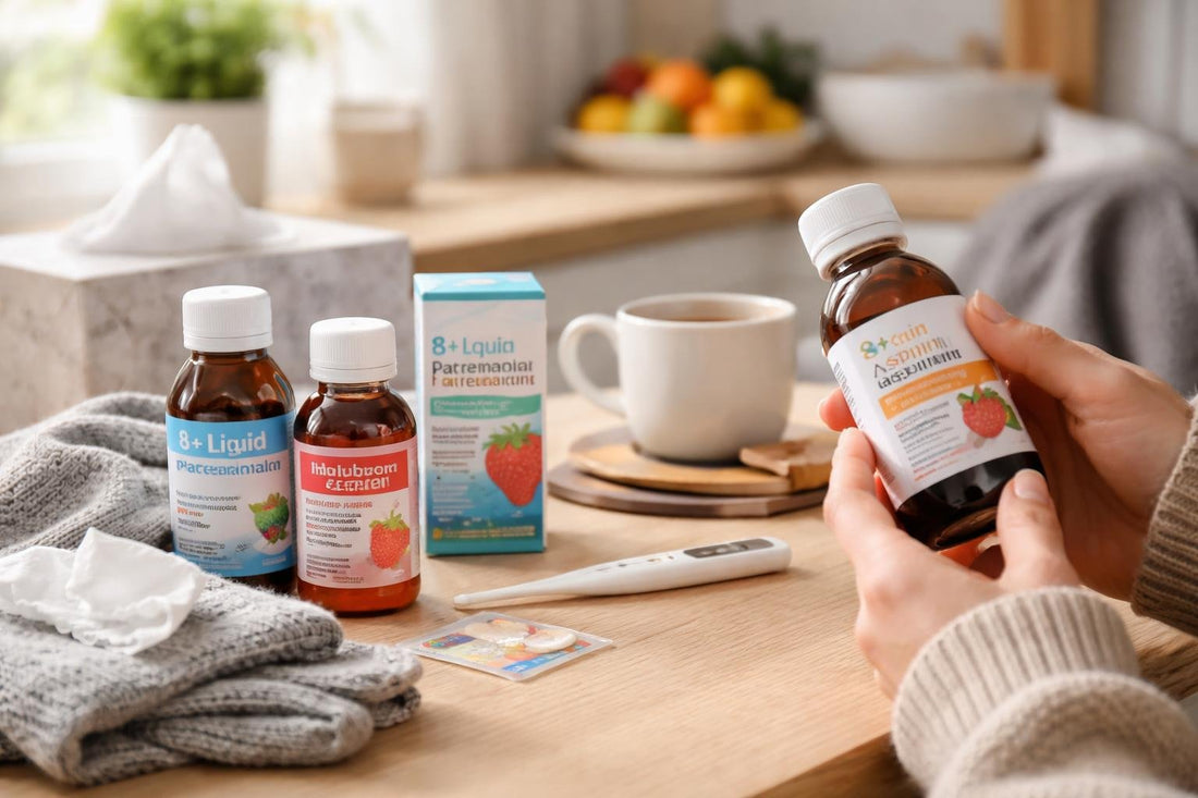Parent checking children’s pain relief label in winter