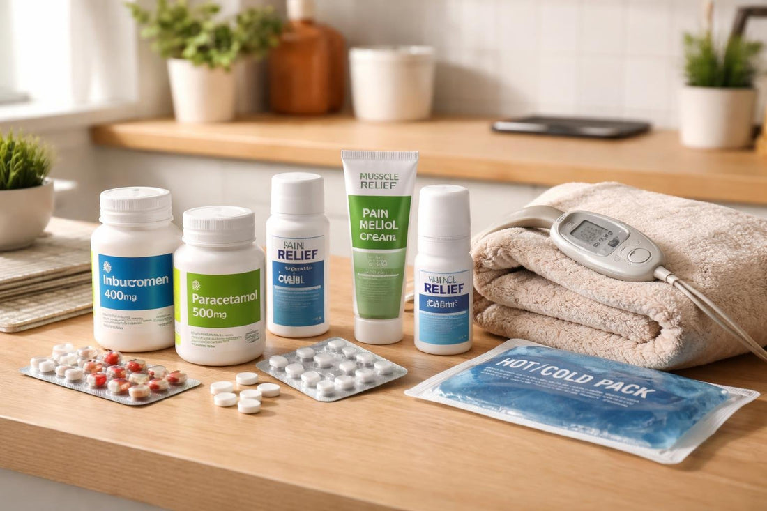 Assortment of pain relief treatments and heat therapy products