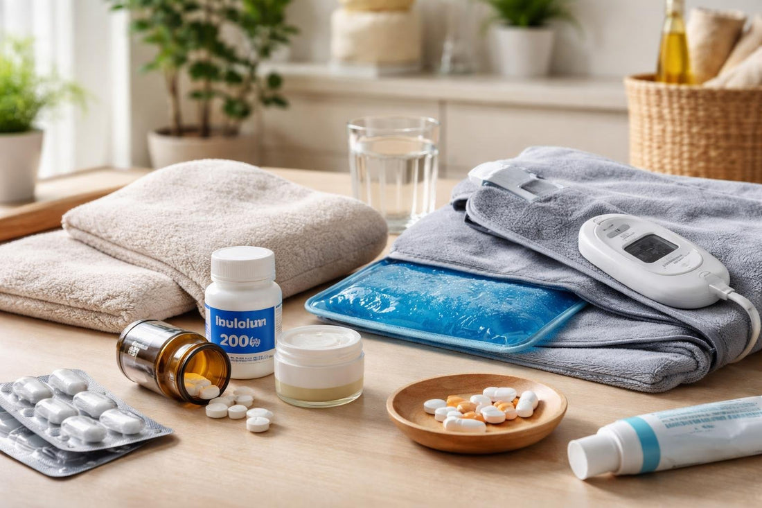 Assorted pain relief pads, cold packs and pills on table