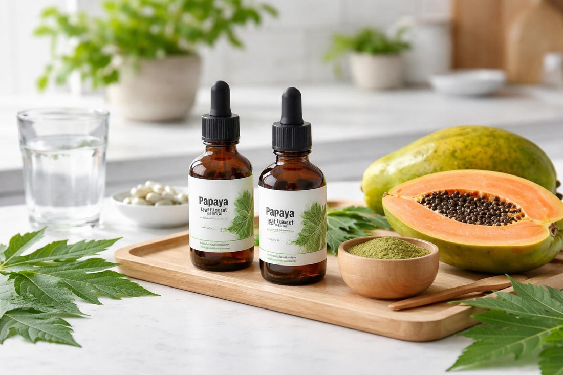 Papaya leaf extract bottles beside fresh spring papaya