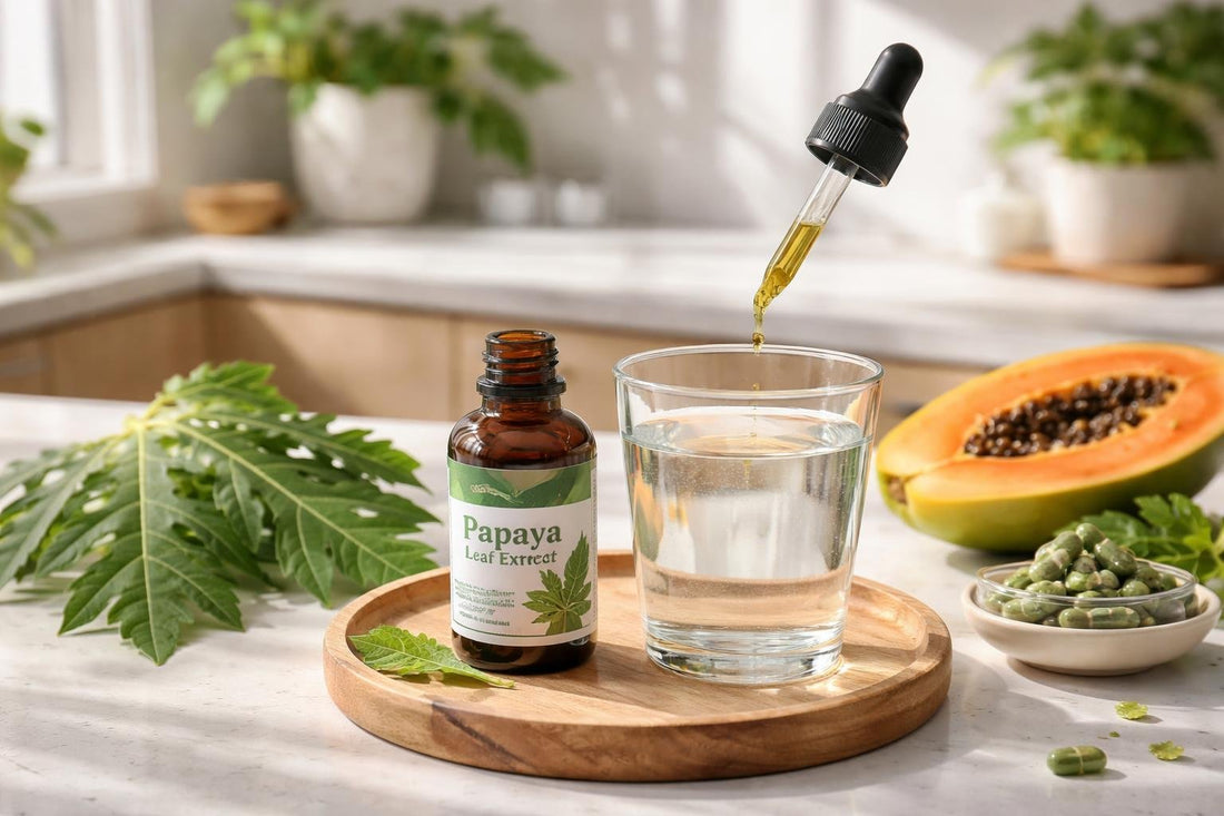 Papaya leaf extract drops with water glass on table