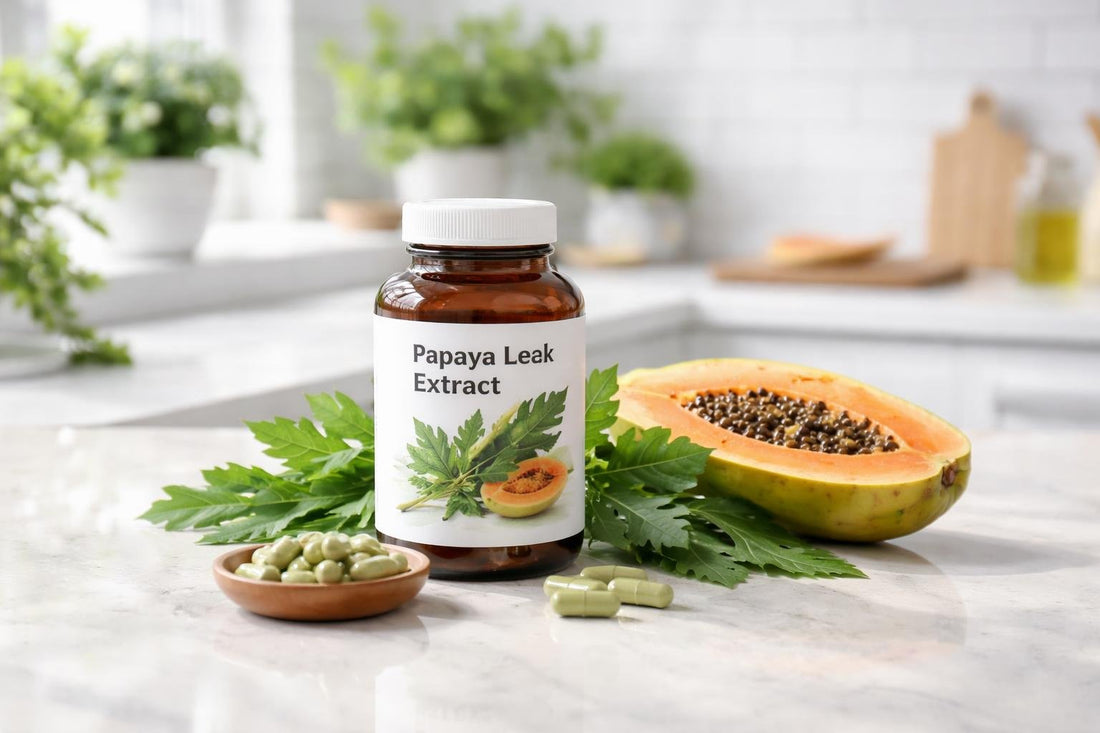 bottle and capsules of papaya leaf extract supplement