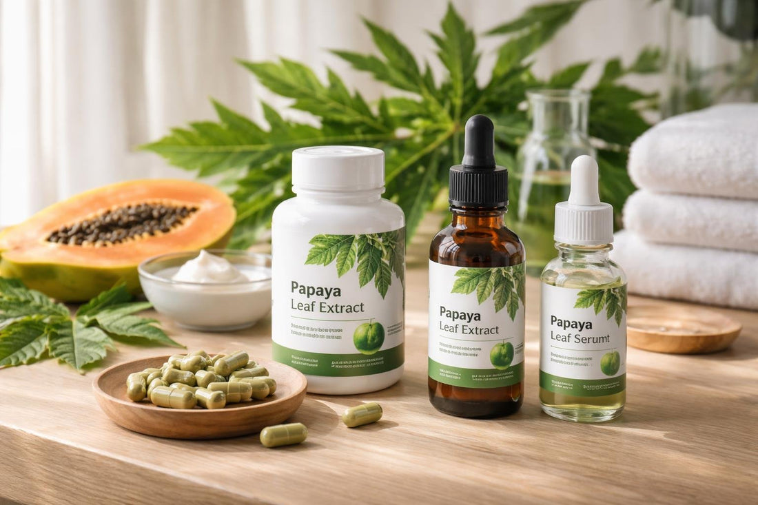Papaya leaf extract jars capsules and tincture on wooden table