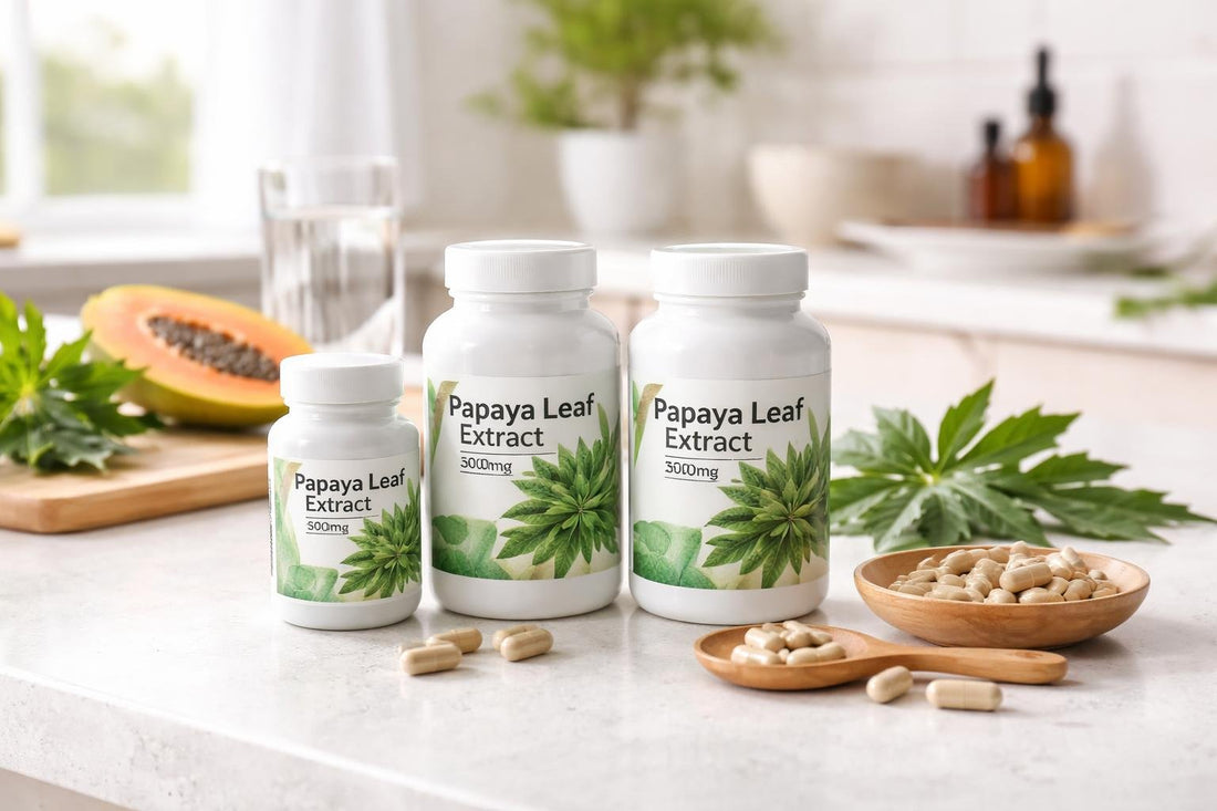 Bottles and capsules of papaya leaf supplements