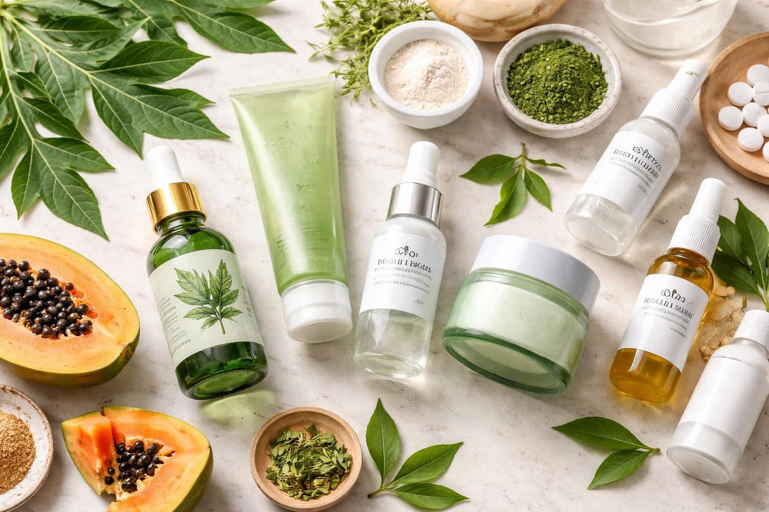 Papaya leaf skincare products and ingredients flatlay