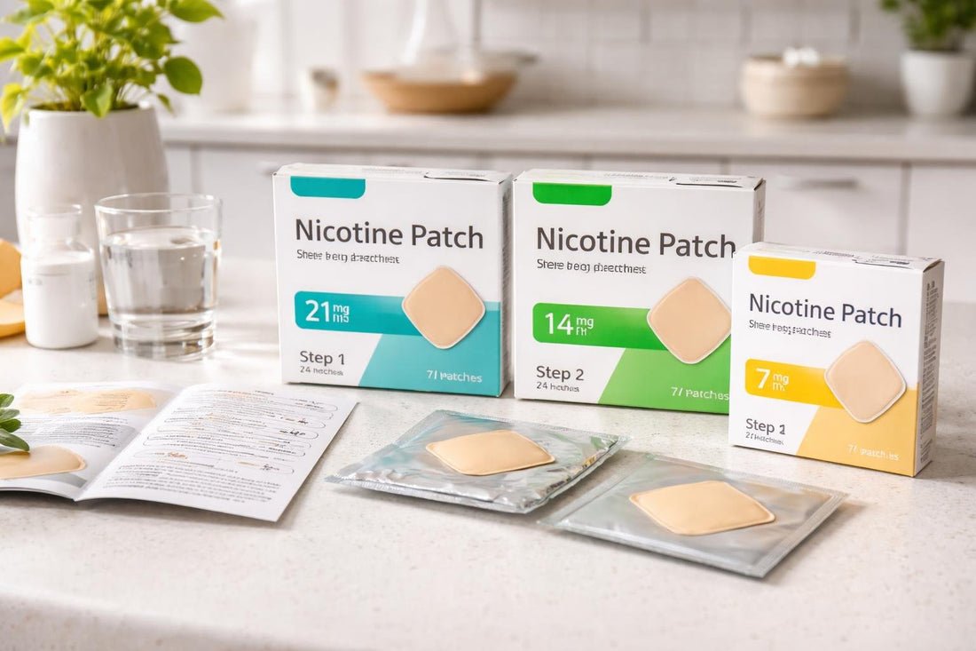 Nicotine patch pack showing multiple strengths and instructions