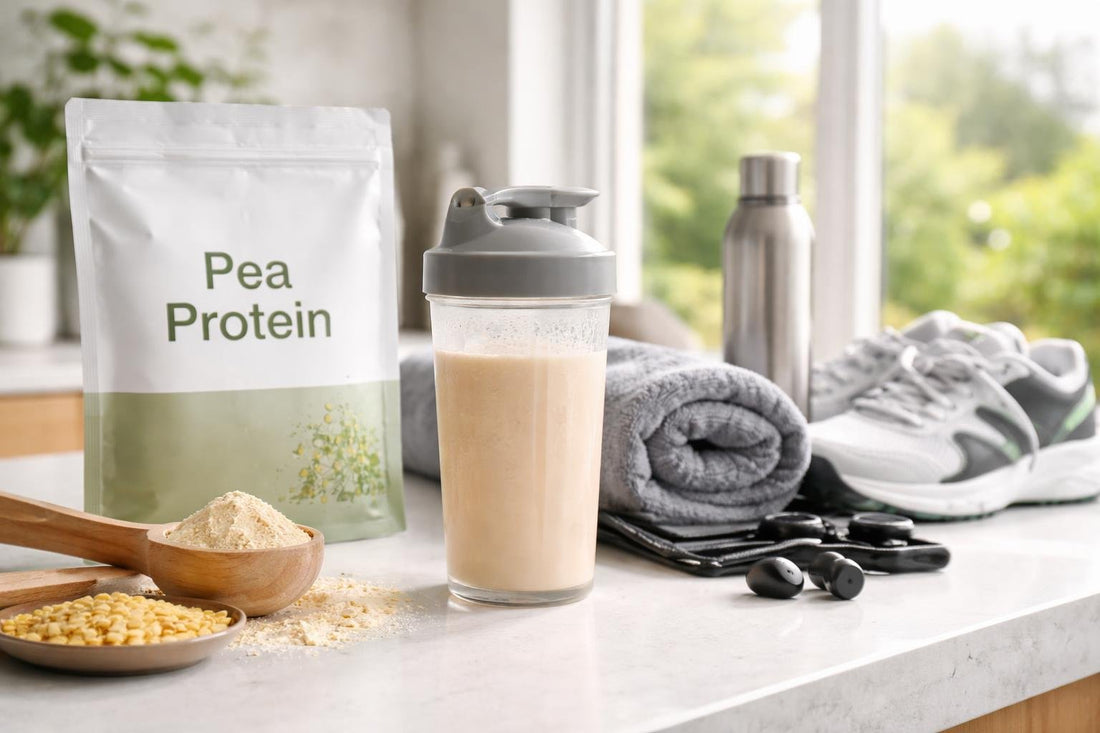 Pea protein powder shake beside gym kit in UK