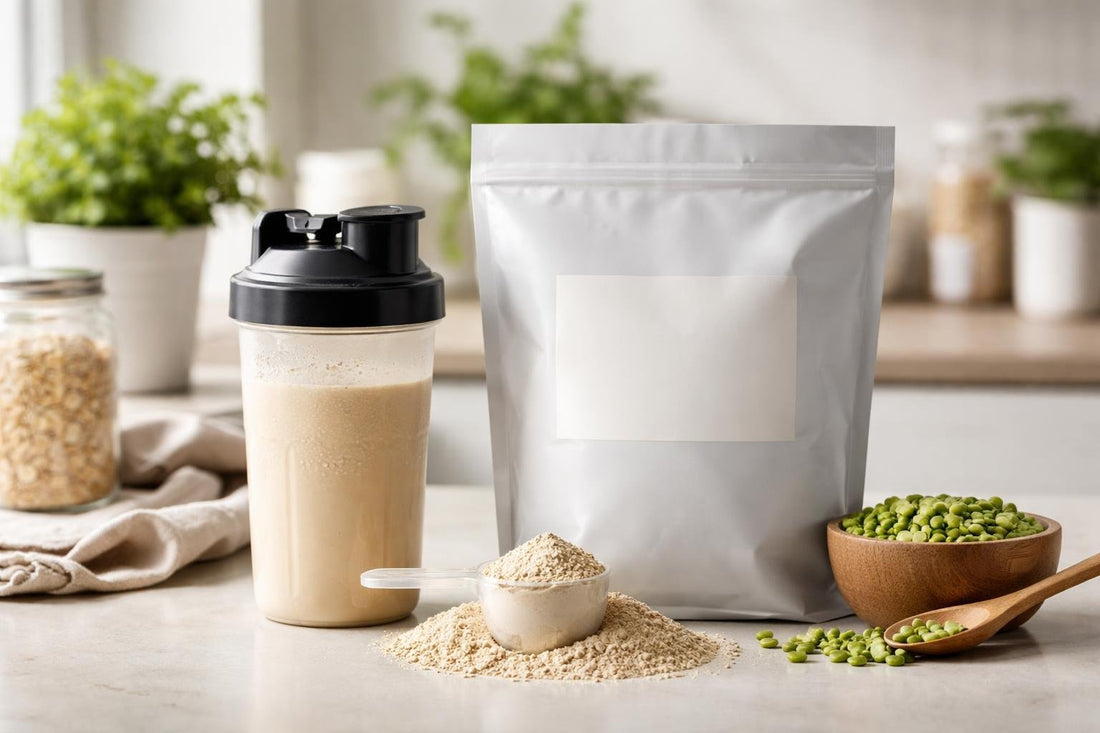 Pea protein powder scoop and shaker for shakes
