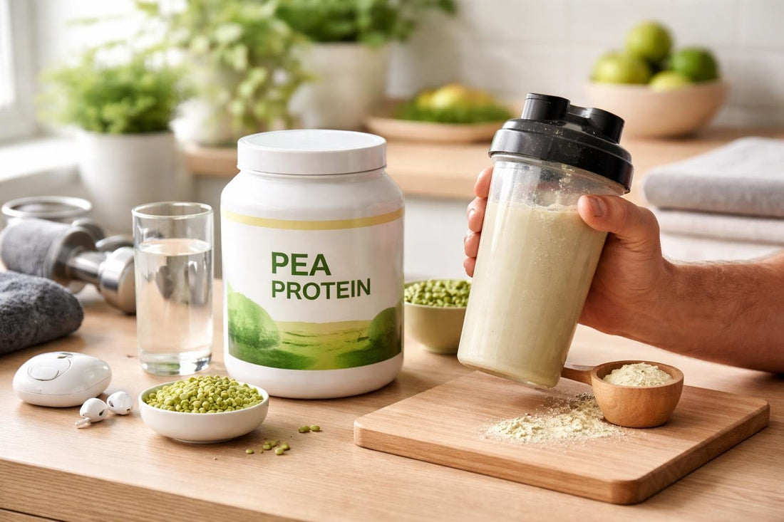 mixing pea protein powder in a shaker for gym recovery
