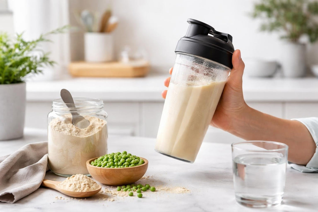 Shaker bottle mixing pea protein for smooth lump-free shake