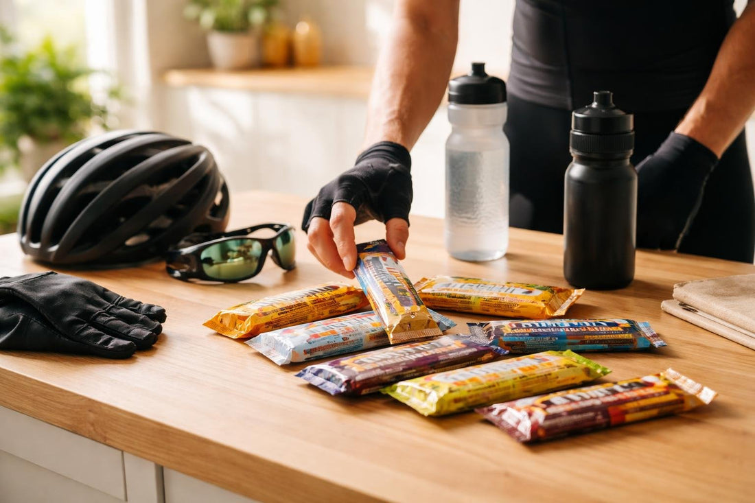 Cyclist selecting performance nutrition bars for a ride
