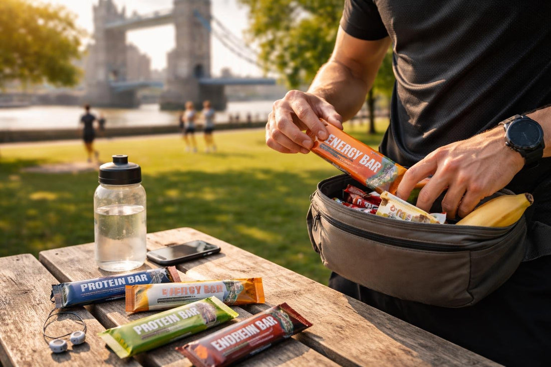 Runner choosing a performance nutrition bar in a London park