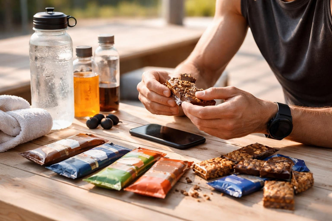 Athlete inspecting energy bars during training camp