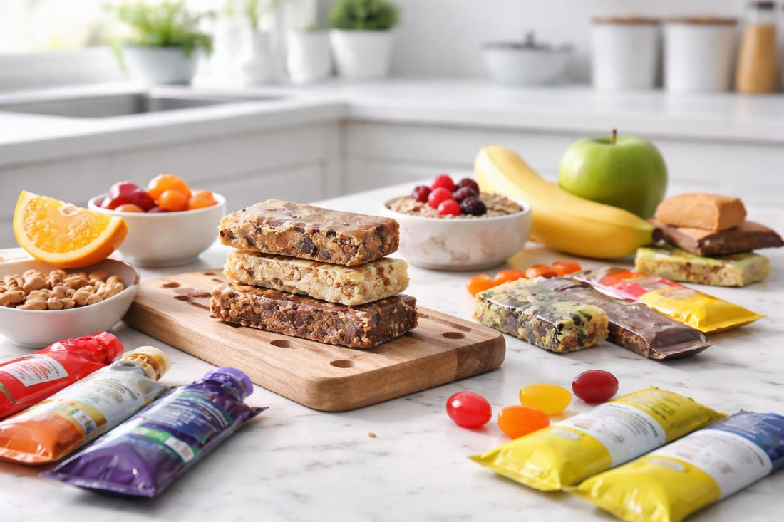 Assorted performance nutrition bars laid out for runners