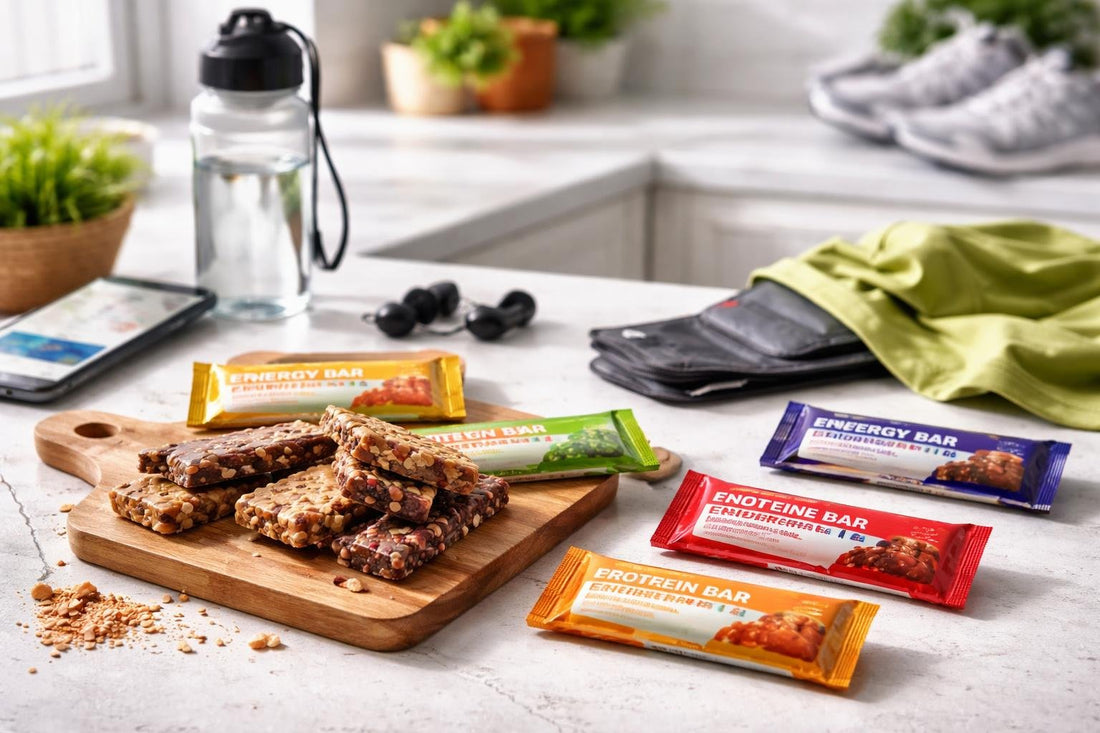 Assorted performance nutrition bars and runner troubleshooting kit