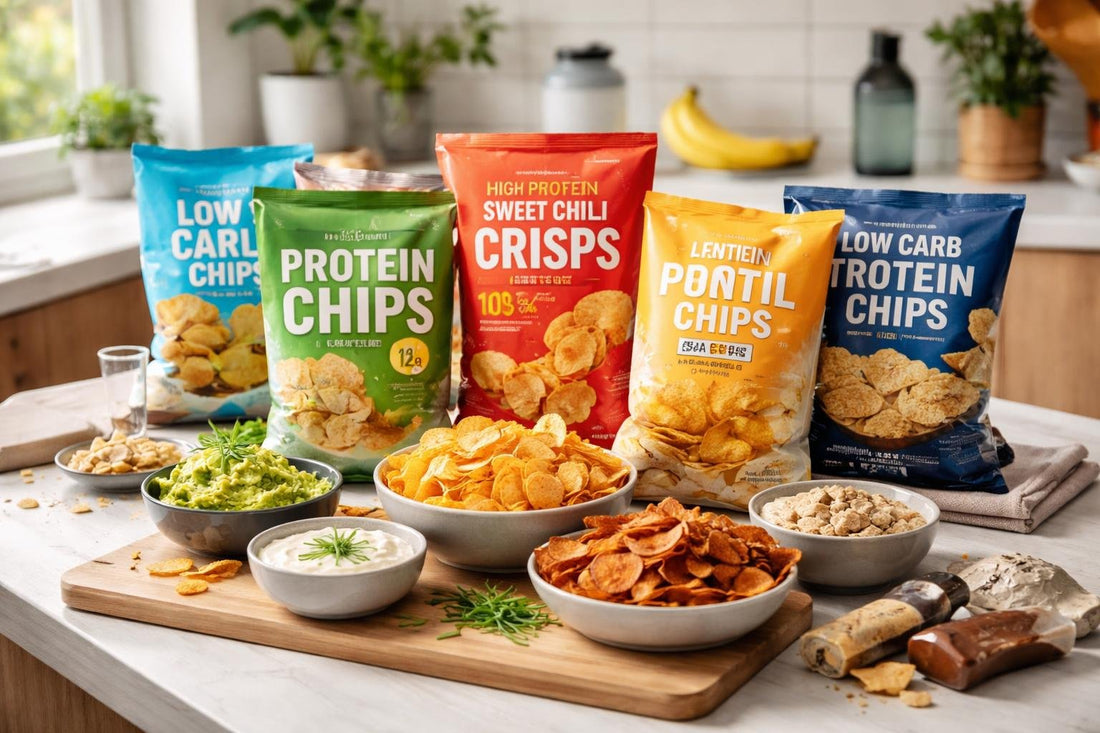 Assorted performance nutrition chips and crisps for athletes