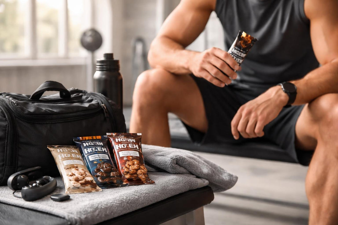 athlete holding protein bar next to gym bag