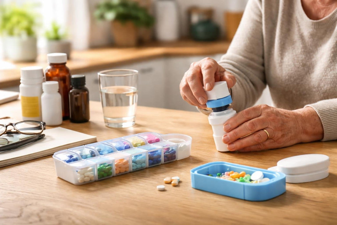 Senior using pill crusher and tablet organiser at home