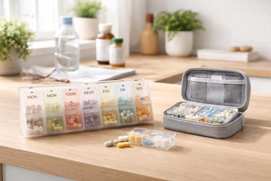 Weekly pill organiser and travel case on kitchen table